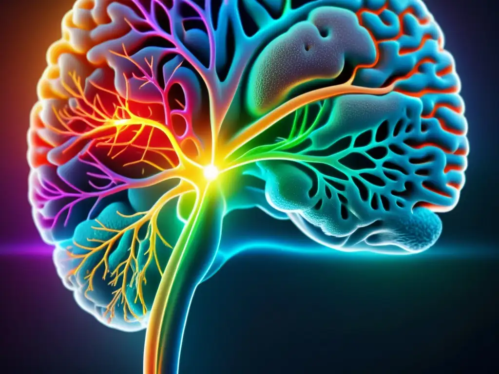 Red de dolor en el cerebro: vías neuronales iluminadas Detalle vibrante del cerebro humano con redes neuronales iluminadas, ilustrando la complejidad de la percepción y procesamiento del dolor