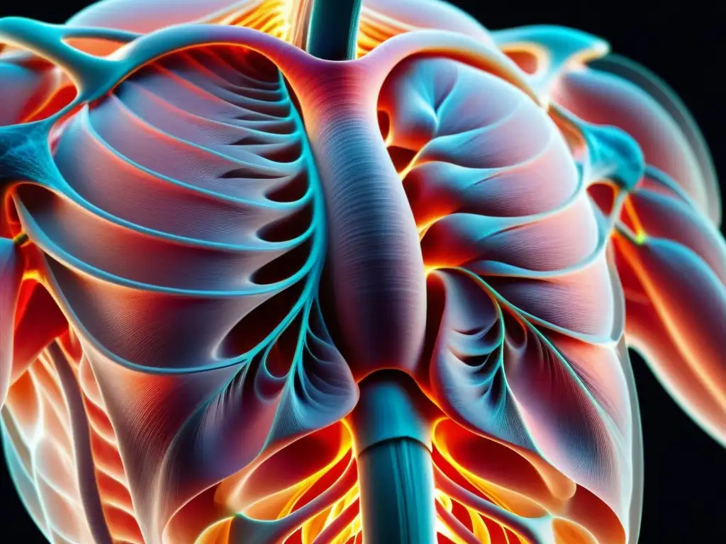 Detalle vibrante del músculo diafragma en alta resolución, resaltando su estructura y la importancia en respiración eficiente