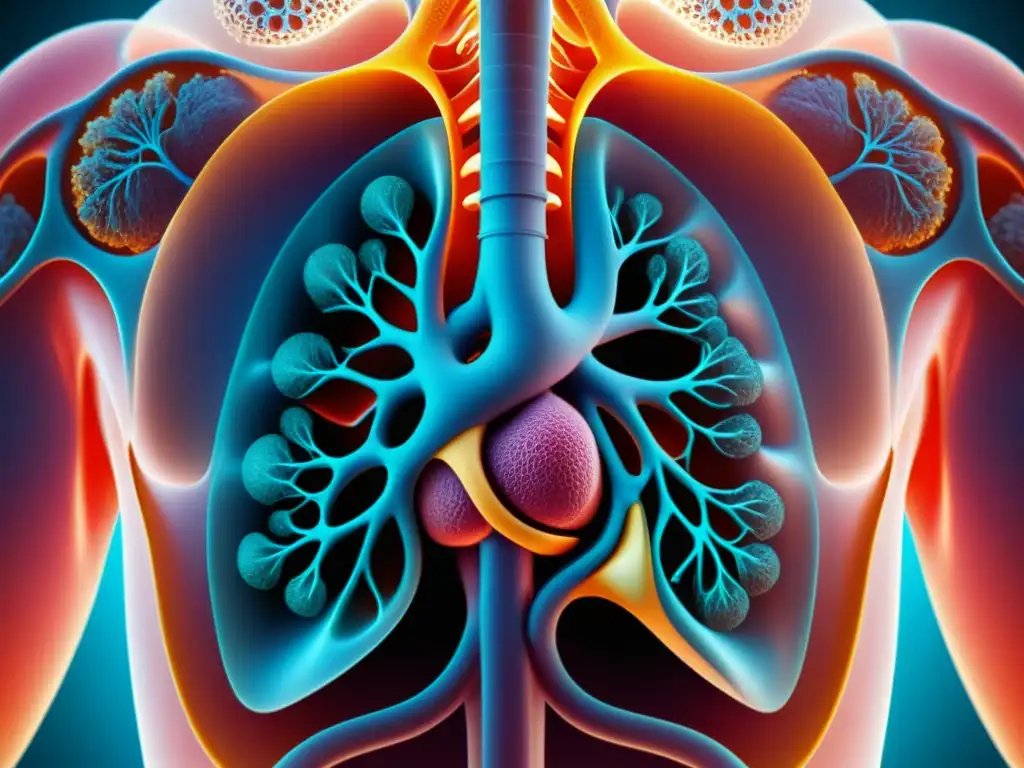 Detalle vibrante de diáfragma y pulmones humanos en respiración profunda para enfermedad pulmonar