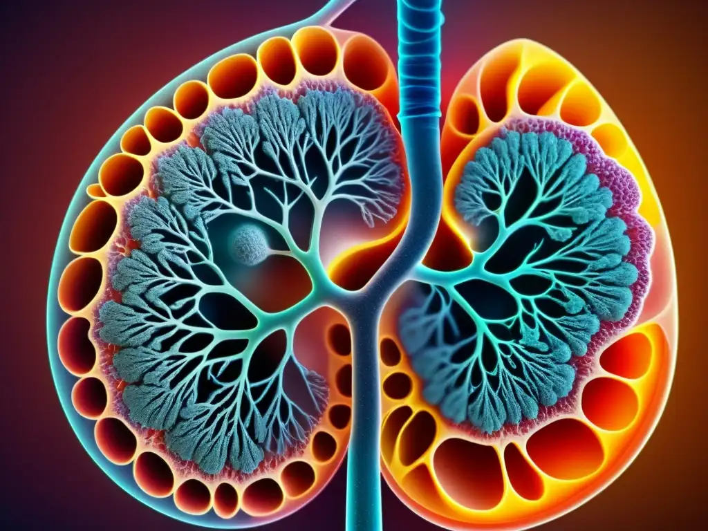 Detalle vibrante de la estructura pulmonar, resaltando la complejidad del sistema respiratorio