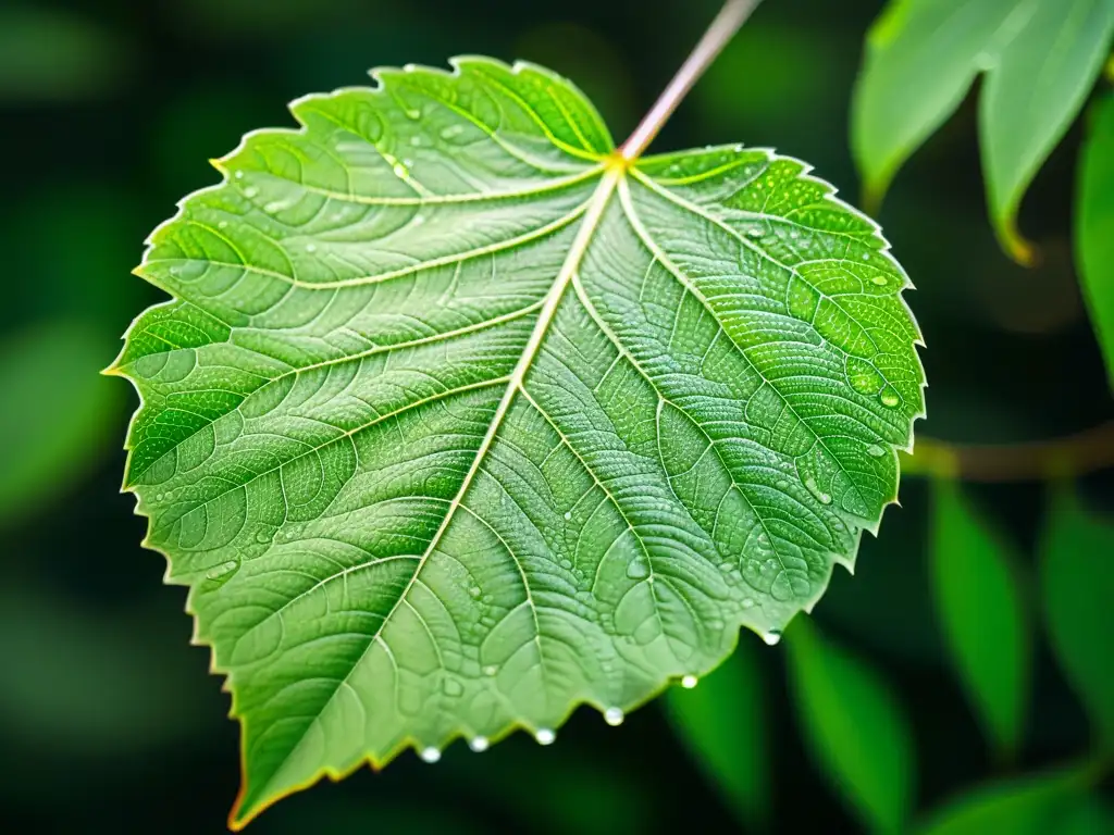 Detalle del vibrante y etéreo follaje verde con finas venas, iluminado por luz natural