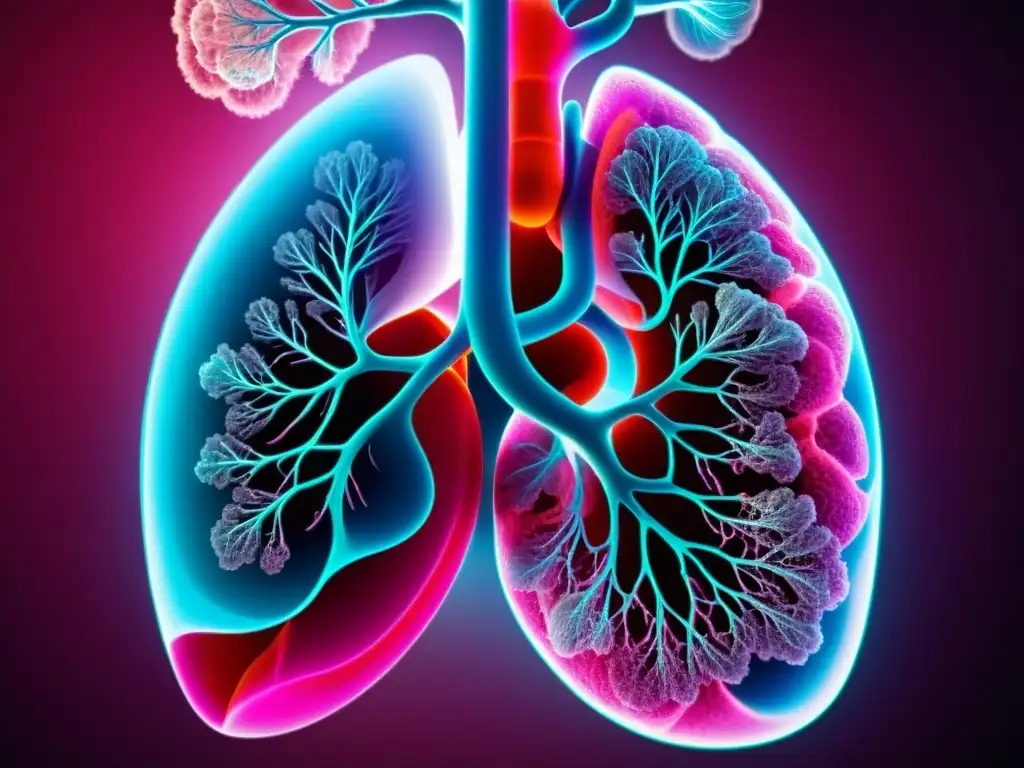 Detalle vibrante de pulmones sanos en plena respiración, resaltando estrategias para mejorar capacidad pulmonar y combatir el enfisema