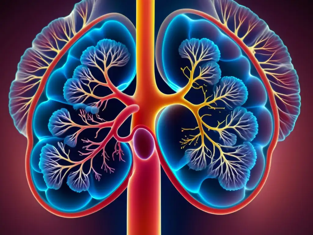 Detalle vibrante del sistema bronquial humano, resaltando espasmos musculares y la importancia del magnesio en espasmos bronquiales