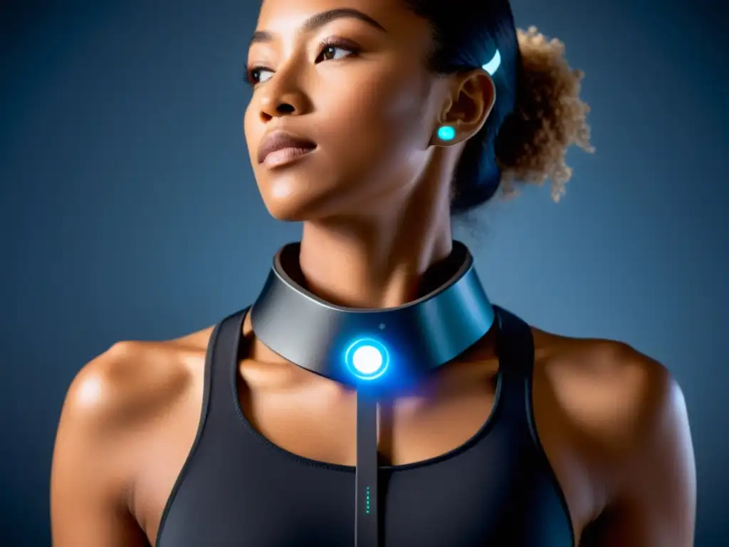 Detalle de monitorización respiración tecnología wearable con diseño elegante y futurista, sensores y luces indicadoras