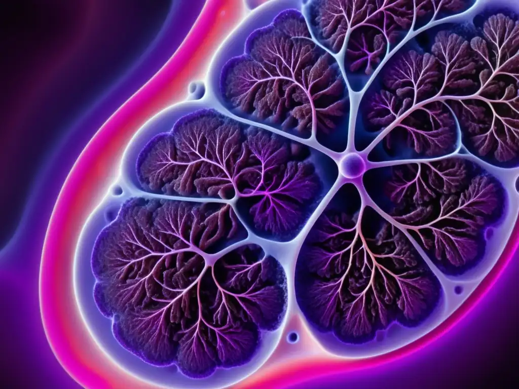 Detalles microscópicos de tejido pulmonar sano con patrones vibrantes de rosa y morado, mostrando los beneficios probióticos para pulmones