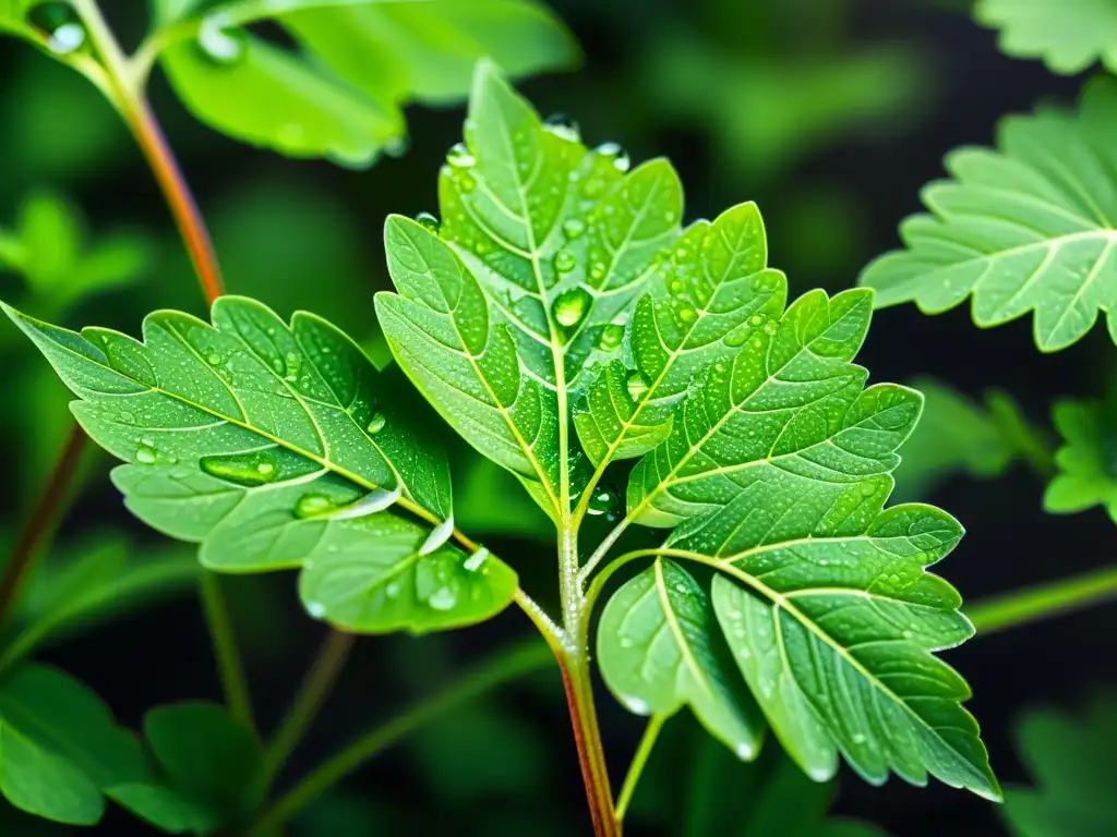 Detalles ultravívidos de hojas y tallos de cilantro verde con gotas de agua brillando al sol