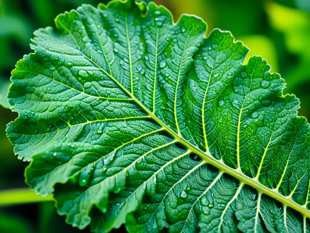 Detalles frescos: Hoja de col rizada verde con gotas de agua Detalles vívidos de una hoja de col rizada verde con gotas de agua brillantes