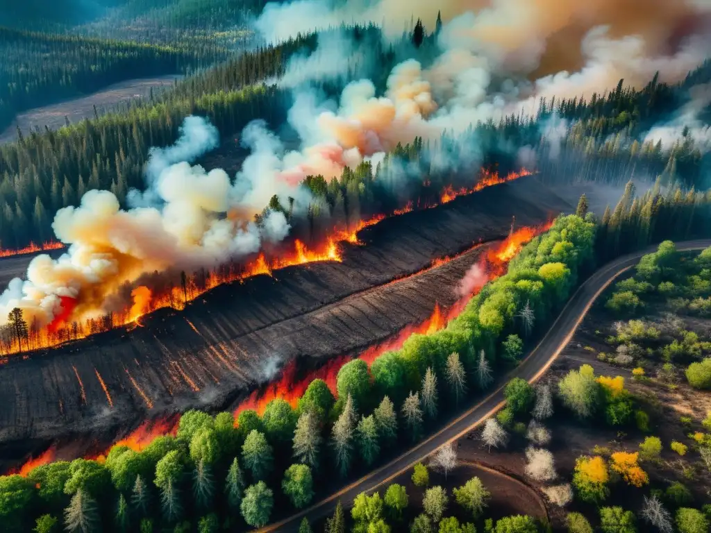 Devastador impacto de incendios en la calidad del aire, con bosque envuelto en llamas y humo denso