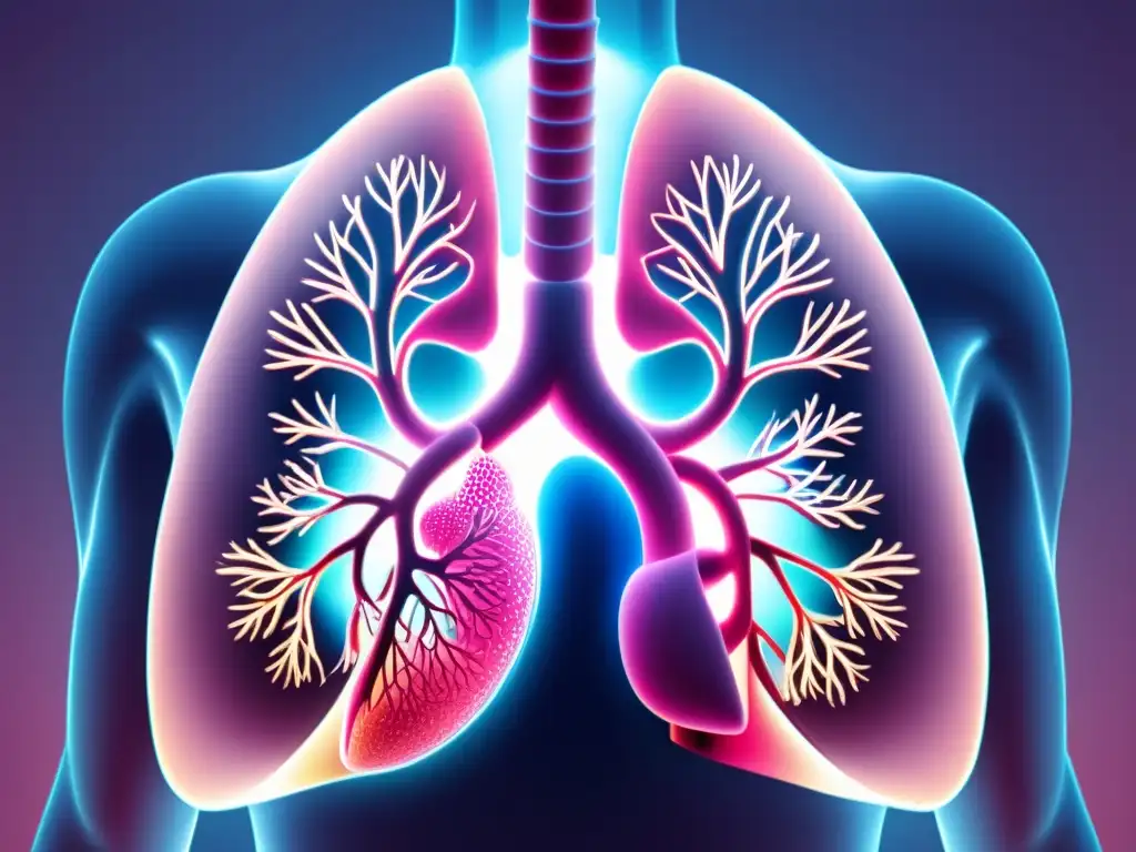 Un dibujo moderno y sereno de unos pulmones rosados y sanos, con detalles intrincados que muestran el sistema respiratorio