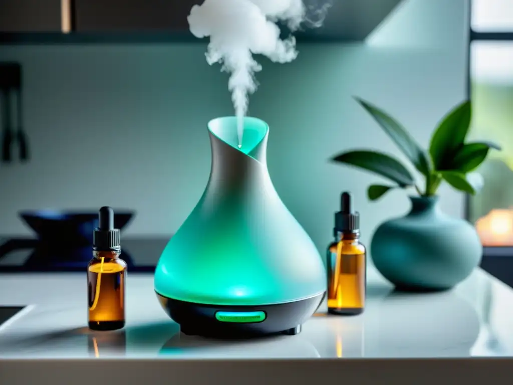 Un difusor de aceites esenciales moderno emite un suave y colorido vapor en un ambiente tranquilo y acogedor