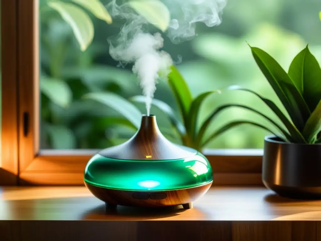 Un difusor moderno y elegante libera suave vapor aromático en un ambiente tranquilo y acogedor