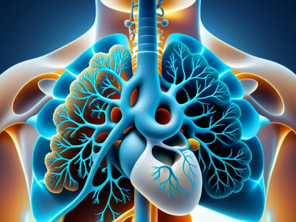 Una representación digital detallada del sistema respiratorio humano, resaltando los pulmones y las vías bronquiales