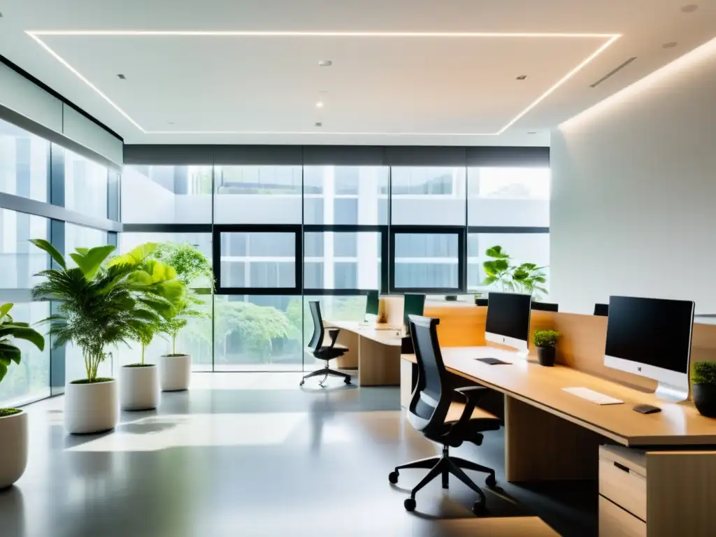 Oficina moderna con luz natural y plantas verdes Diseño de oficina para respiración: Espacio moderno y luminoso con muebles minimalistas y plantas verdes, creando tranquilidad y aire limpio