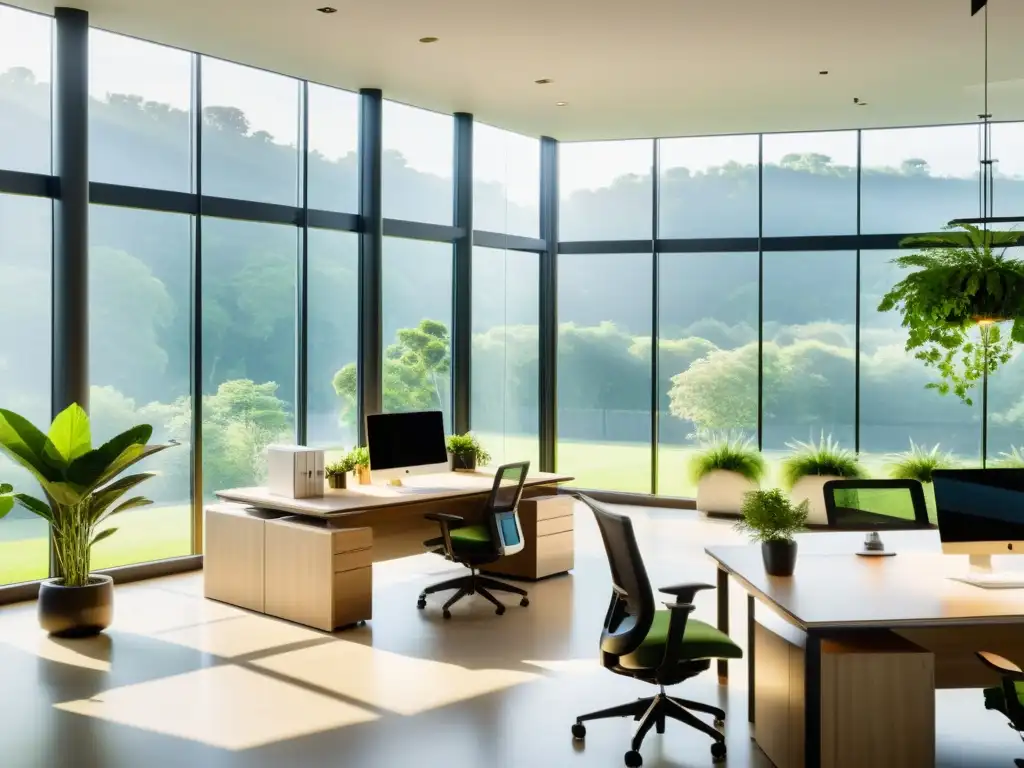 Oficina moderna con vista a paisaje verde exuberante Diseño de oficina para respiración: Espacio moderno con mobiliario ergonómico y vegetación, iluminado por luz natural y vistas a un paisaje verde
