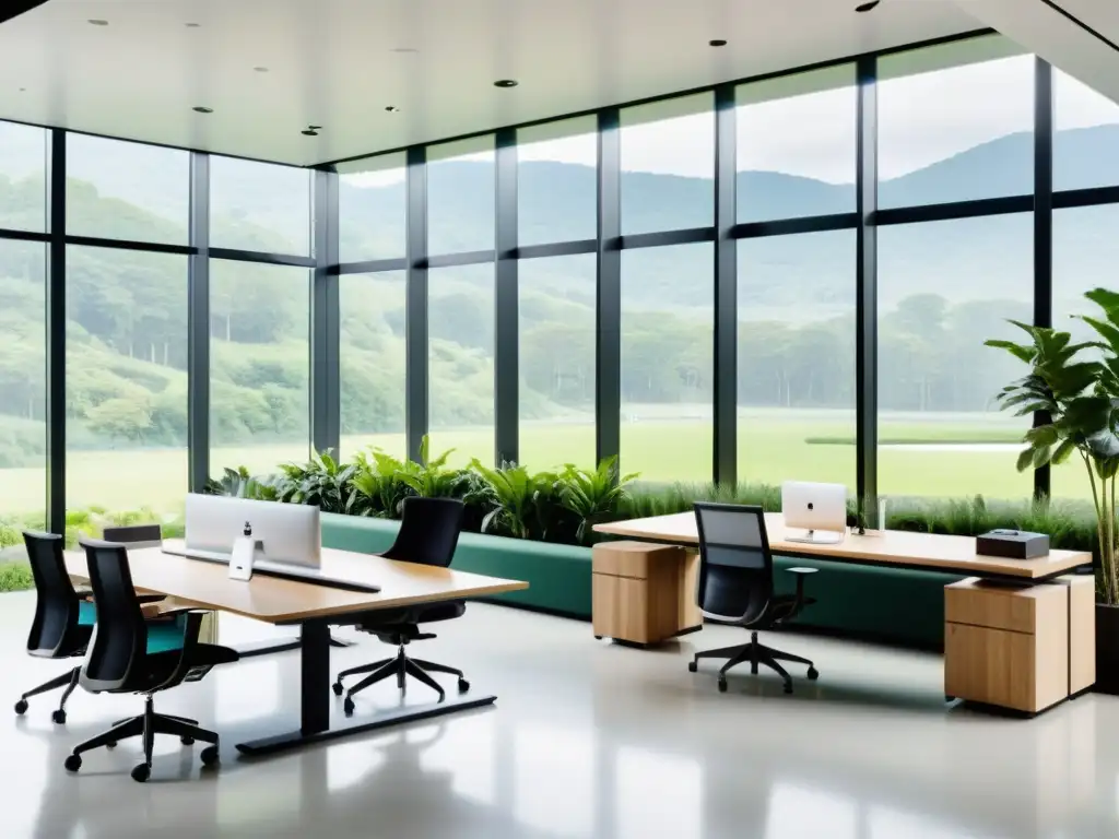 Oficina moderna: bienestar y naturaleza Diseño de oficina para respiración: Espacio moderno con vista a la naturaleza, luz natural y ambiente calmado con ejercicios de mindfulness