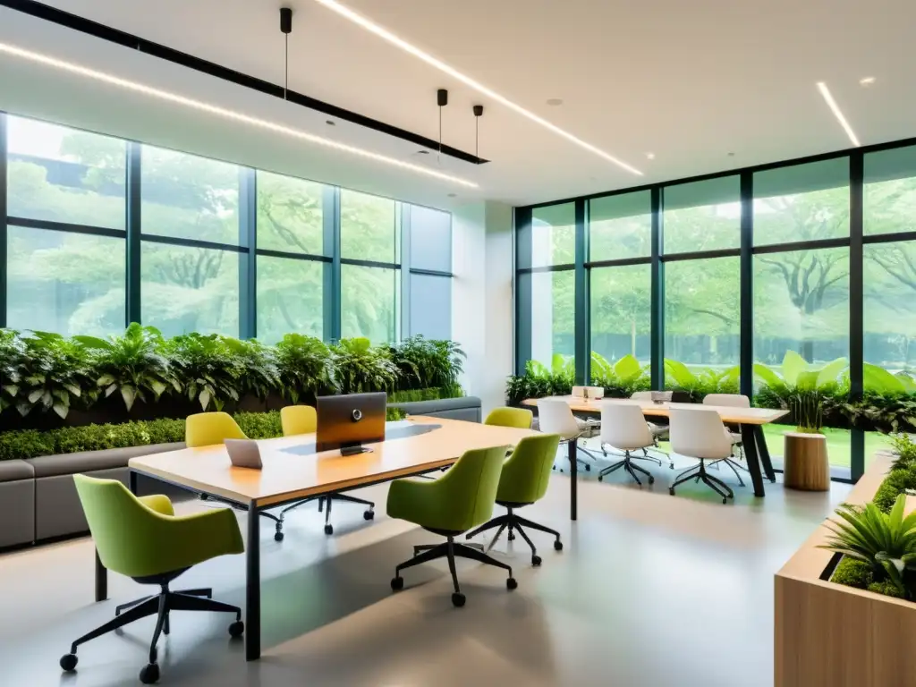 Oficina moderna y saludable con vistas al parque Diseño de oficina para respiración: Espacio moderno con vistas a un parque, lleno de plantas, luz natural y un ambiente saludable y tranquilo