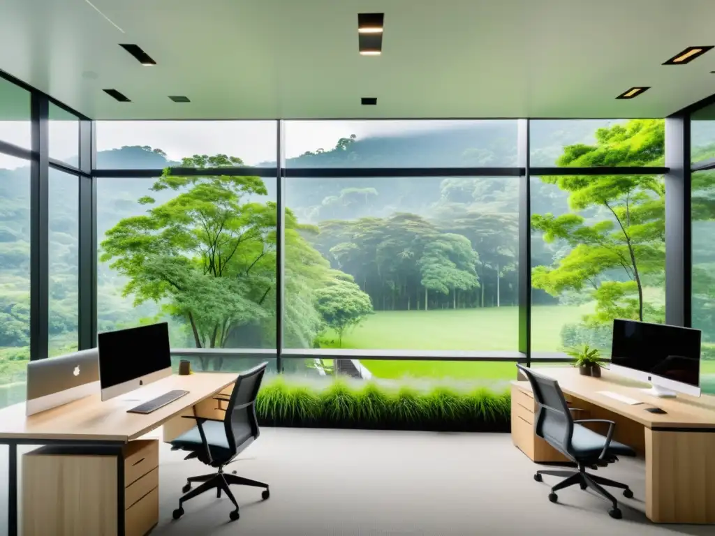 Oficina moderna con ventanales y paisaje verde Diseño de oficina para respiración: Espacio moderno con ventanas de piso a techo y vistas a un paisaje verde exuberante