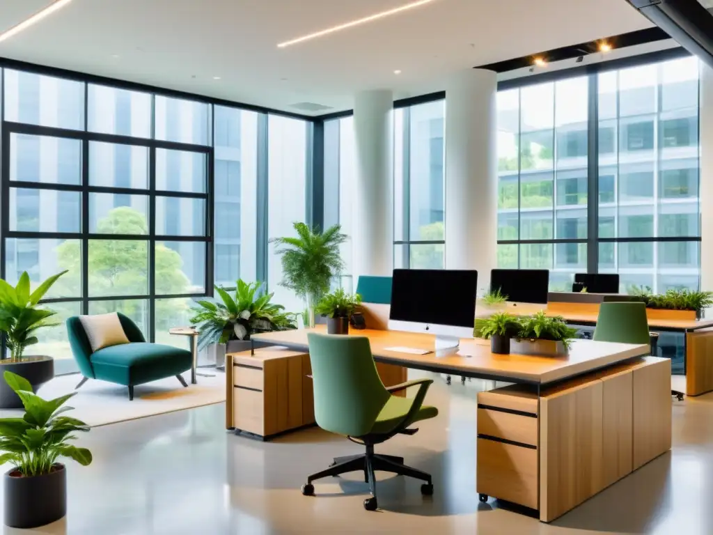 Oficina moderna con luz natural y plantas verdes Diseño de oficina para respiración: Espacio de oficina moderno con luz natural, plantas verdes y mobiliario ergonómico