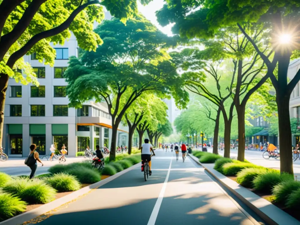 Diseño urbano salud respiratoria: Animada calle urbana con árboles, edificios sostenibles y gente disfrutando de un ambiente saludable