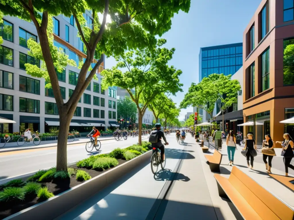 Diseño urbano salud respiratoria: bulliciosa calle urbana con modernos edificios, zonas verdes y carriles para bicicletas