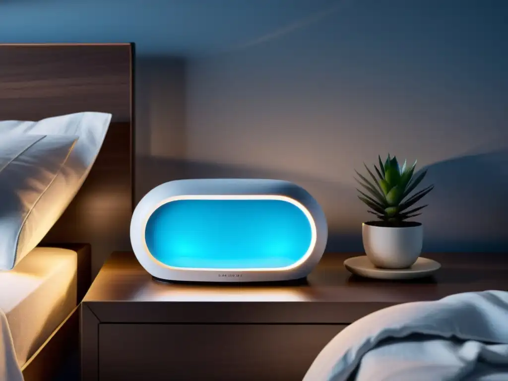 Un dispositivo futurista blanco emite una suave luz azul en una habitación tenue, mejorando la respiración nocturna con gadgets