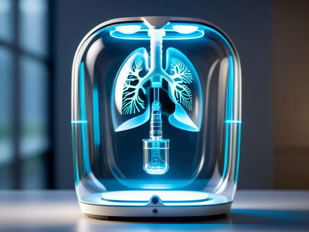 Dispositivo respiratorio futurista con tecnología para mejorar la respiración en un entorno médico moderno y minimalista