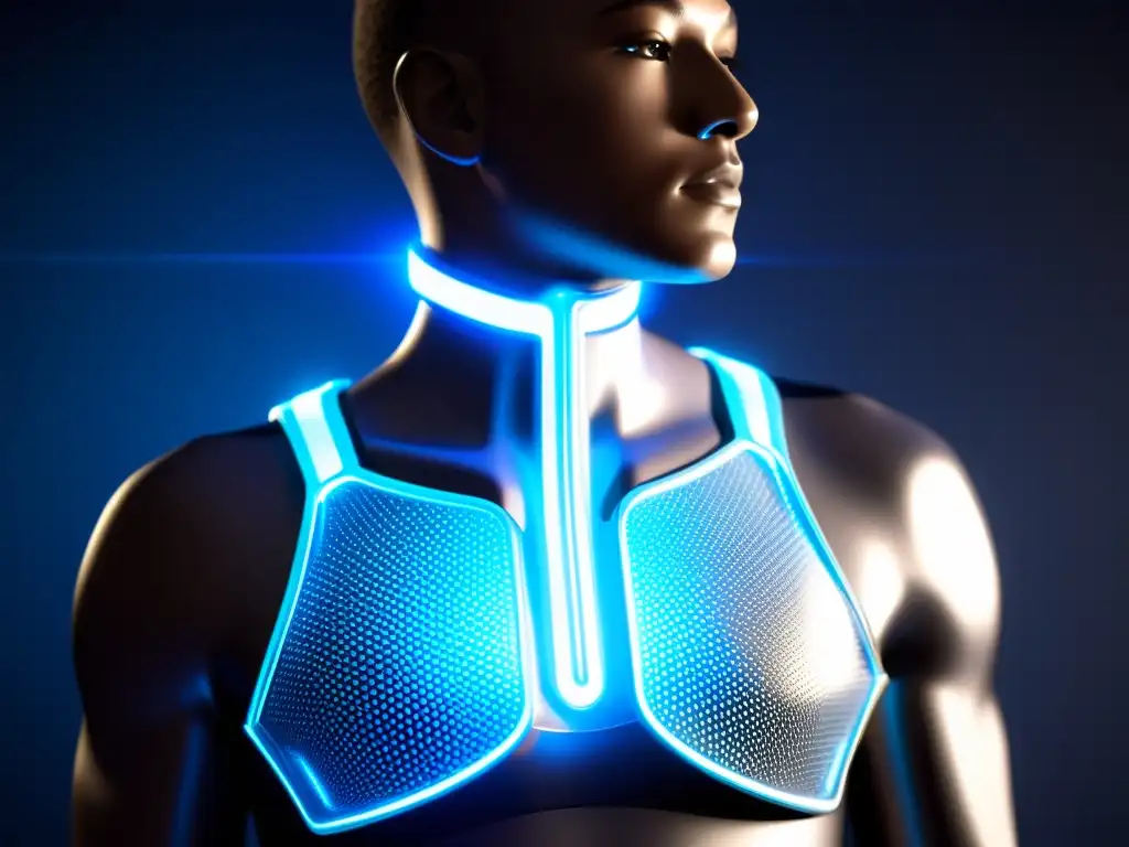 Dispositivo respiratorio de tecnología avanzada para mejorar capacidad respiratoria, con diseño futurista y circuitos intrincados iluminados en azul