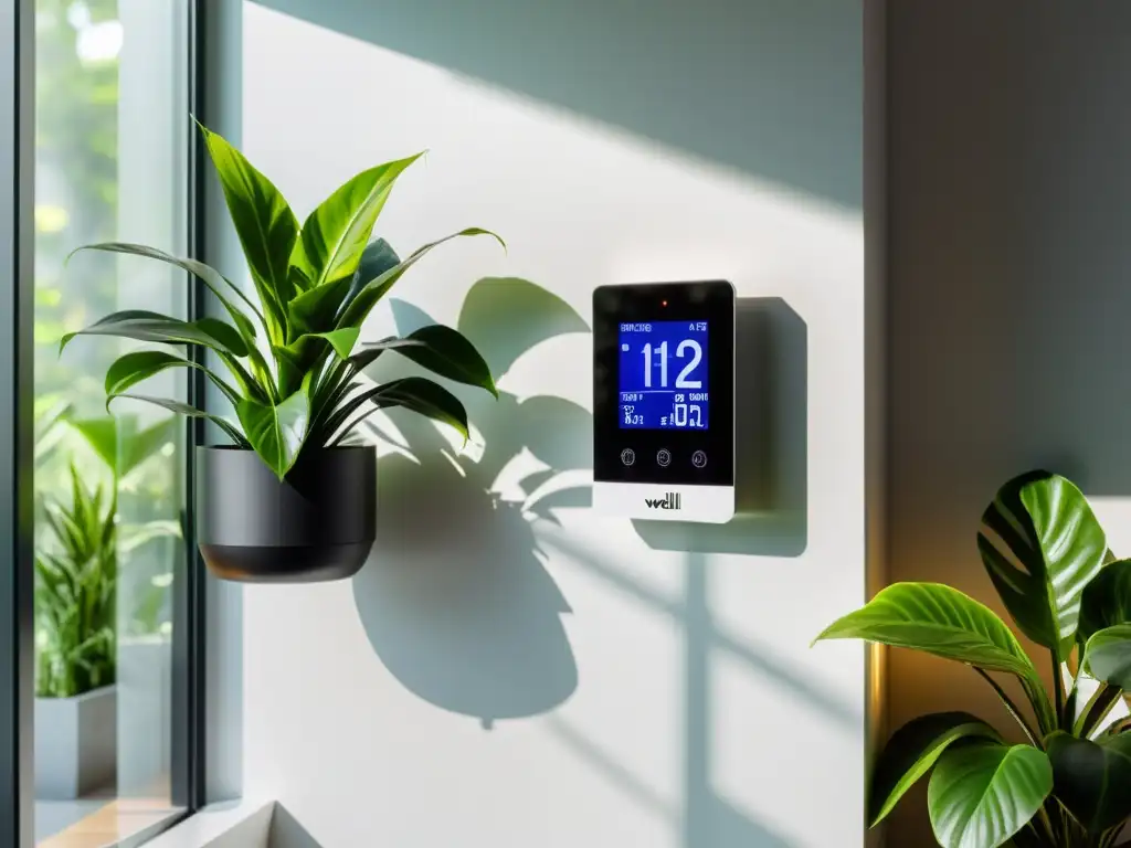 Dispositivo sensor CO2 en oficina contemporánea con luz natural y plantas, clave Sensores CO2 calidad aire interior