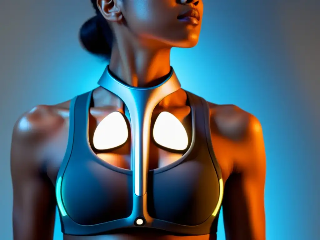 Dispositivo wearable futurista para monitoreo de la salud respiratoria, con sensores e indicadores detallados en el pecho del usuario