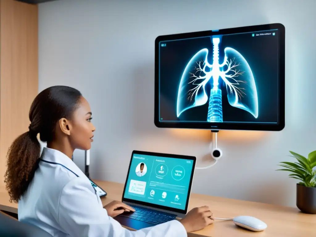 Un doctor en telemedicina monitorea tratamiento a distancia de paciente con afección respiratoria mediante interfaz digital futurista