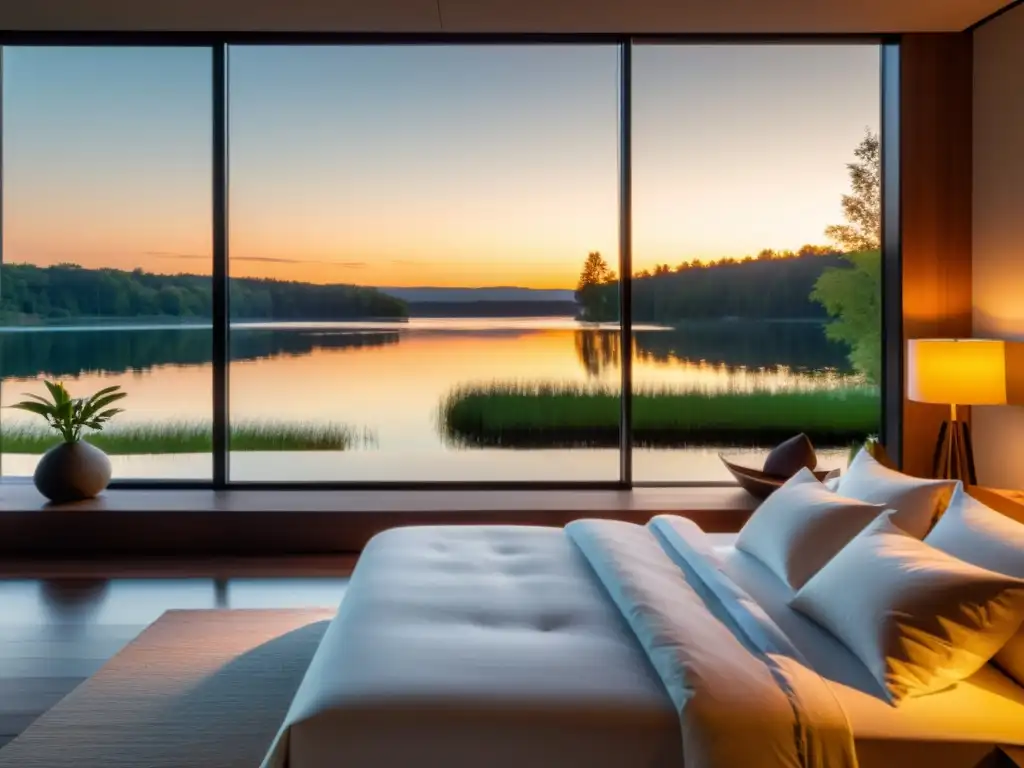 Dormitorio moderno con vista al lago al atardecer, resalta la importancia de la respiración para apnea del sueño