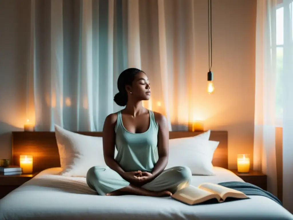 Un dormitorio sereno con luz suave que entra por cortinas, cama hecha y una mesa con libro sobre respiración profunda para mejorar sueño