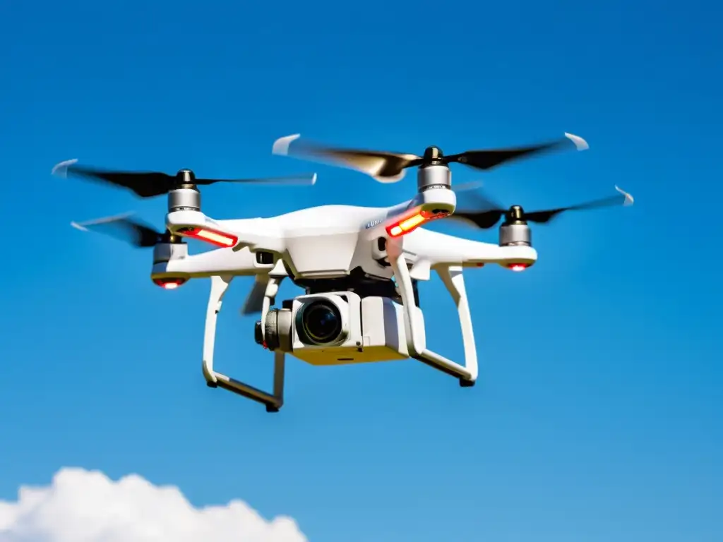 Un dron blanco y elegante con compartimento para suministros médicos, sobrevuela un cielo azul claro