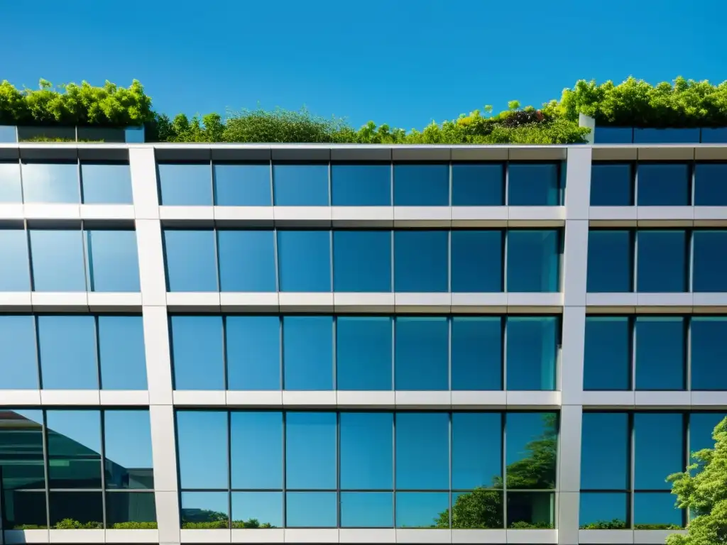 Edificio moderno con diseño geométrico y jardín en la azotea, rodeado de vegetación