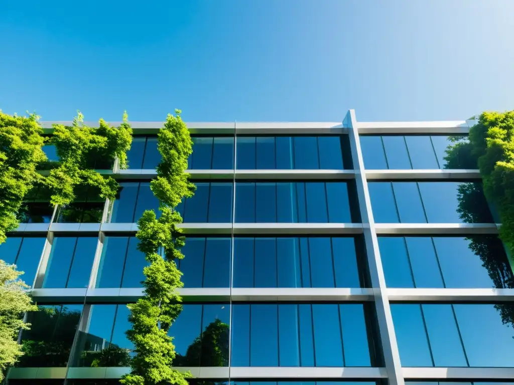 Edificio moderno rodeado de vegetación exuberante y cielo azul claro, con estrategias para mejorar la calidad del aire en el edificio