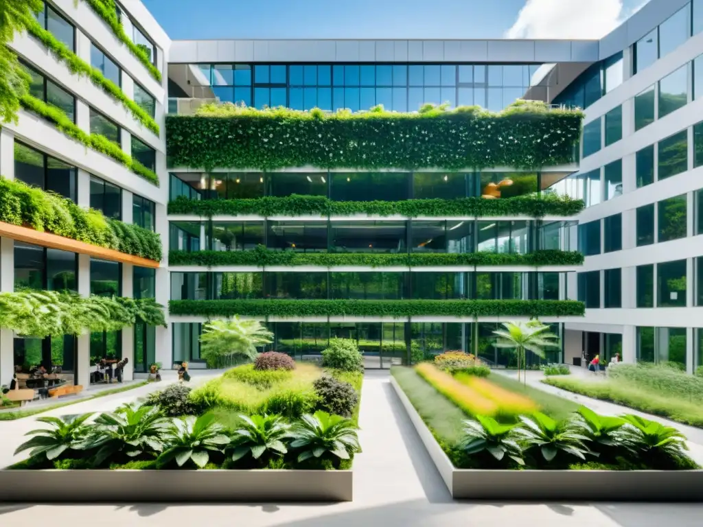 Edificio de oficinas moderno rodeado de vegetación, con jardines en la azotea y paneles solares