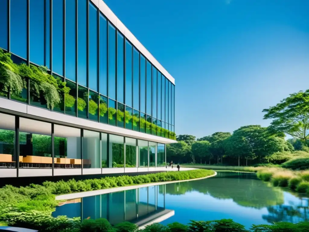 Un edificio de oficinas moderno rodeado de exuberante vegetación y un cielo azul despejado