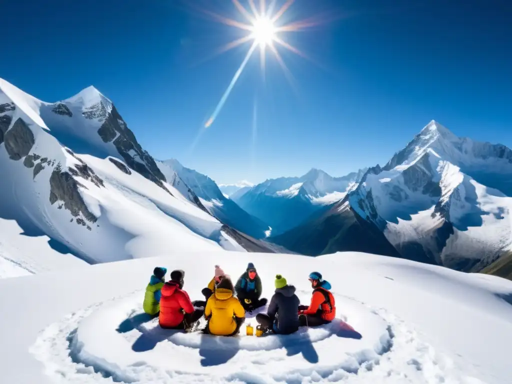 Montañeros practican efectos respiración entrenamiento alta altitud en base camp nevado, concentrados en la respiración, rodeados de picos nevados