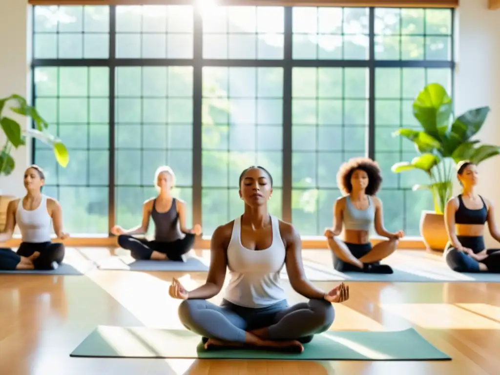 Ejercicios de inspiración y capacidad pulmonar en un estudio luminoso y relajante, con personas practicando meditación con los ojos cerrados