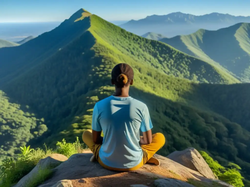 Práctica de ejercicios de respiración para ansiedad en la cima de la montaña, rodeado de naturaleza y tranquilidad