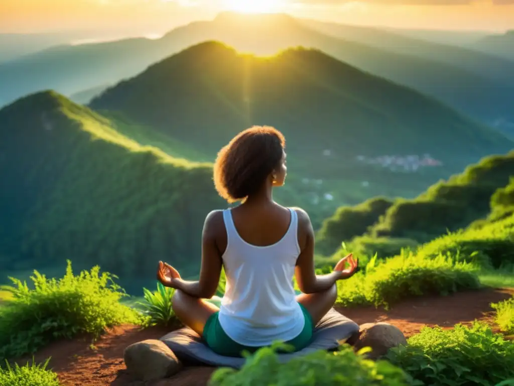 Ejercicios de respiración para ansiedad: Meditación en la cima de la montaña, rodeada de vegetación exuberante, bajo el cálido abrazo del sol