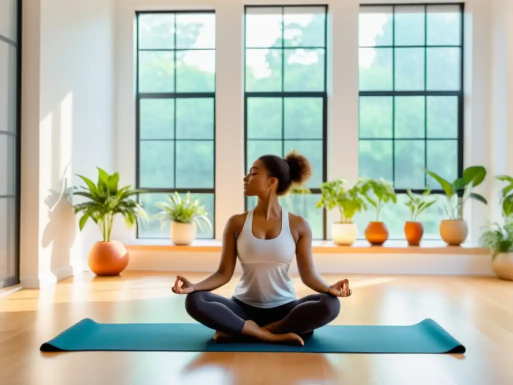 Práctica de ejercicios de respiración en una habitación luminosa y tranquila, rodeada de plantas