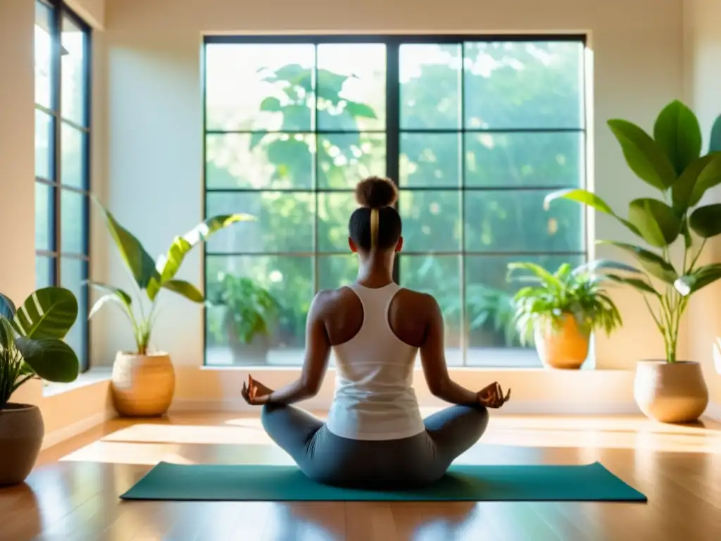 Practicando ejercicios de respiración para prevenir neumonía en una habitación serena y soleada, con luz natural y plantas