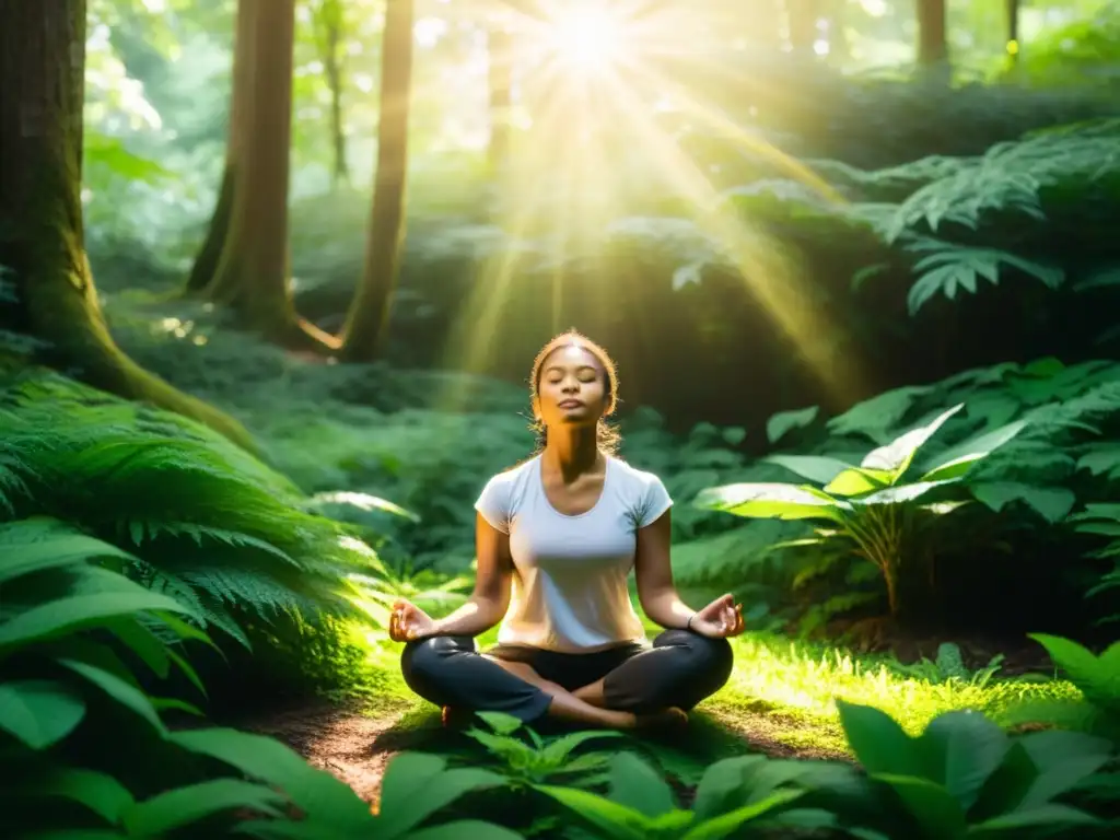 Ejercicios de respiración para meditación: persona meditando en un bosque verde, con luz dorada filtrándose entre las hojas