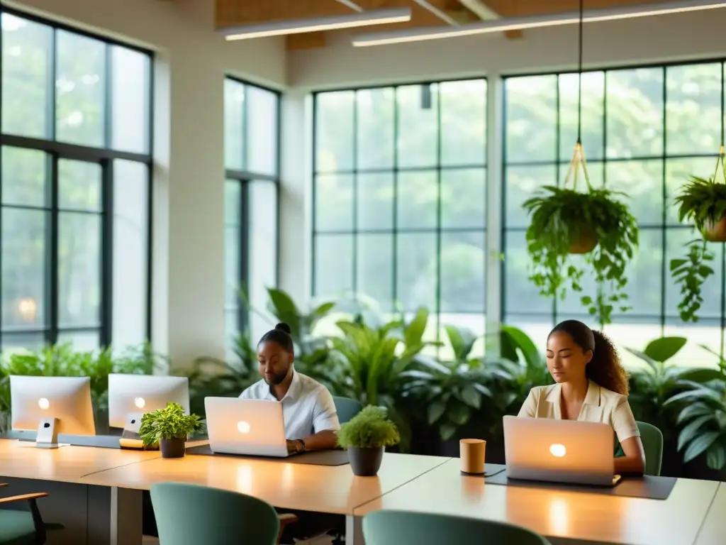 Empleados practicando técnicas de respiración para aumentar productividad en una oficina serena y luminosa con plantas y decoración minimalista