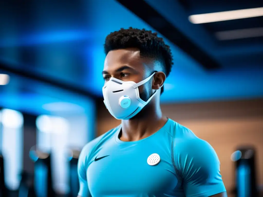 Un entorno de gimnasio moderno, una persona con mascarilla y un purificador de aire de alta tecnología emitiendo una suave luz azul