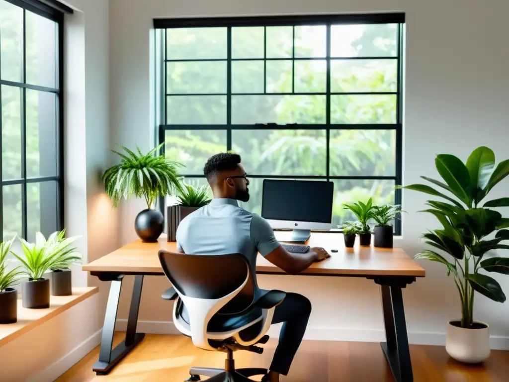 Entorno de oficina moderno con postura ergonómica y pausa para mejorar la respiración en la oficina