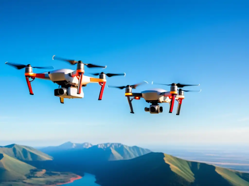 Entrega de medicamentos respiratorios con drones: modernos drones surcando el vibrante cielo azul, llevando contenedores de medicación