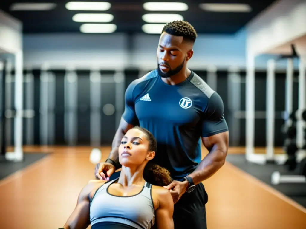 Un entrenador deportivo guía a un atleta en ejercicios de respiración en un moderno centro de entrenamiento