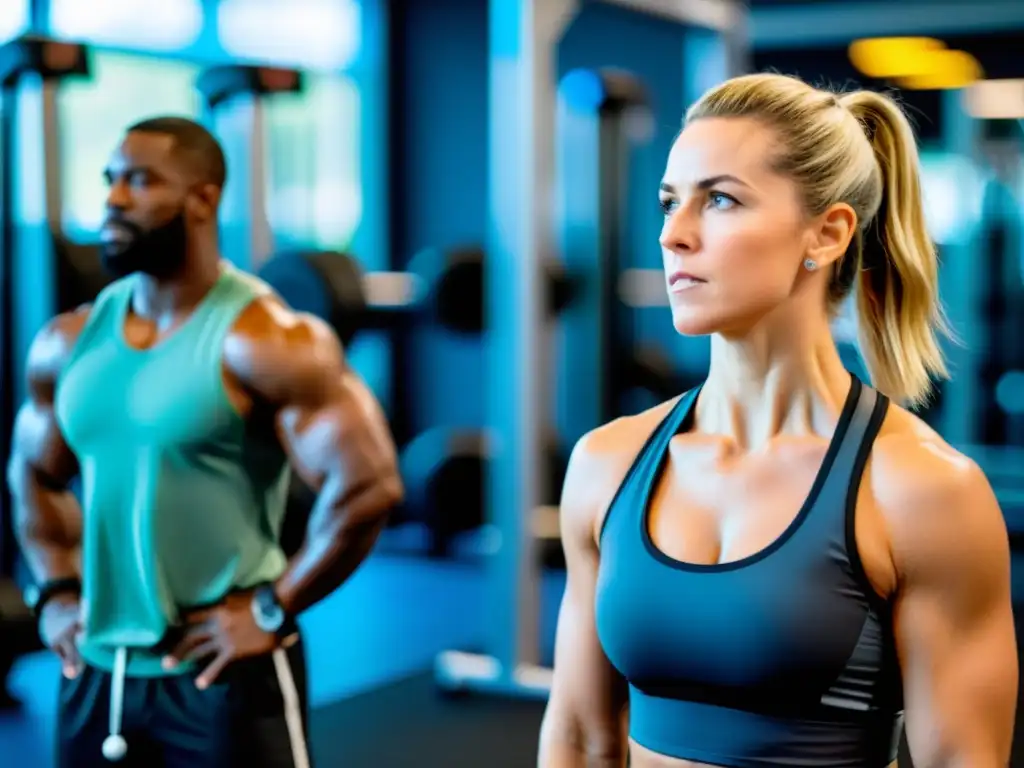 Entrenador experto enseña técnica de respiración adecuada para prevenir lesiones durante entrenamiento de fuerza en gimnasio moderno